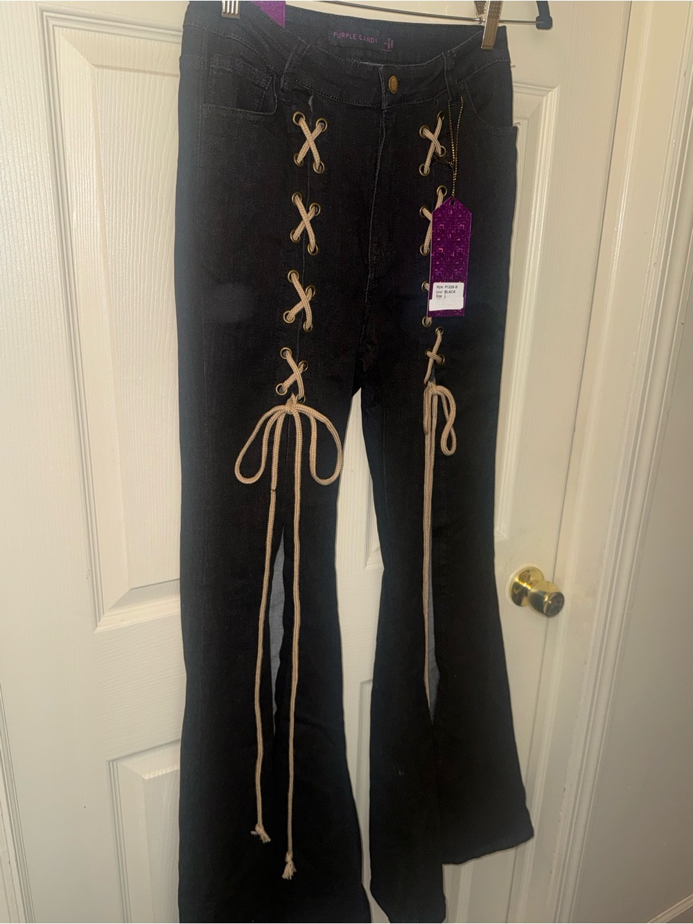 Black Flared Jeans with Beige Lace-Up Front